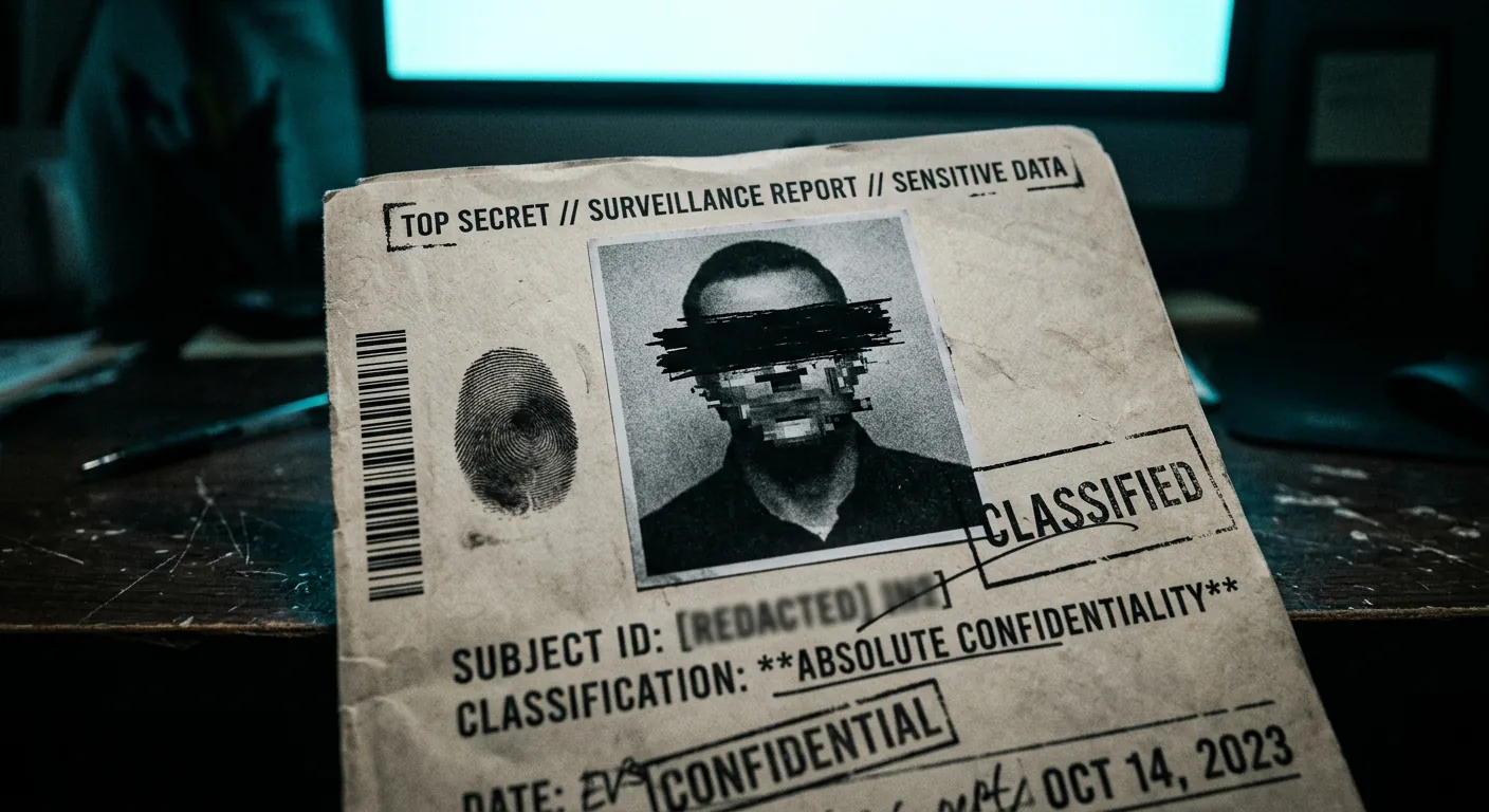 A redacted classified dossier file on a dark desk