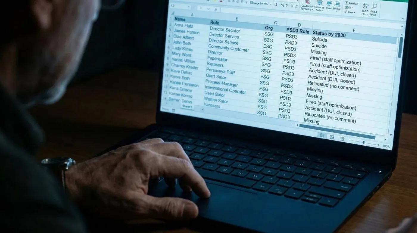 A spreadsheet of names with PSD3 roles and a 'Status by 2030' column reading Suicide, Missing, Fired, Accident, Relocated — the recovered archive of vanished staff