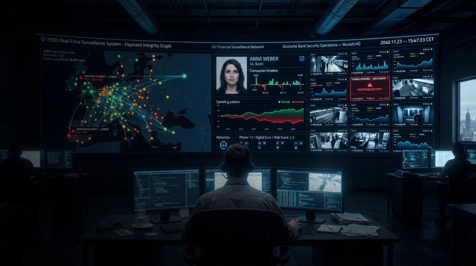 A surveillance operations centre — an analyst before a curved video wall showing the Payment Integrity Graph, a live map of Europe, transaction risk scores and CCTV feeds