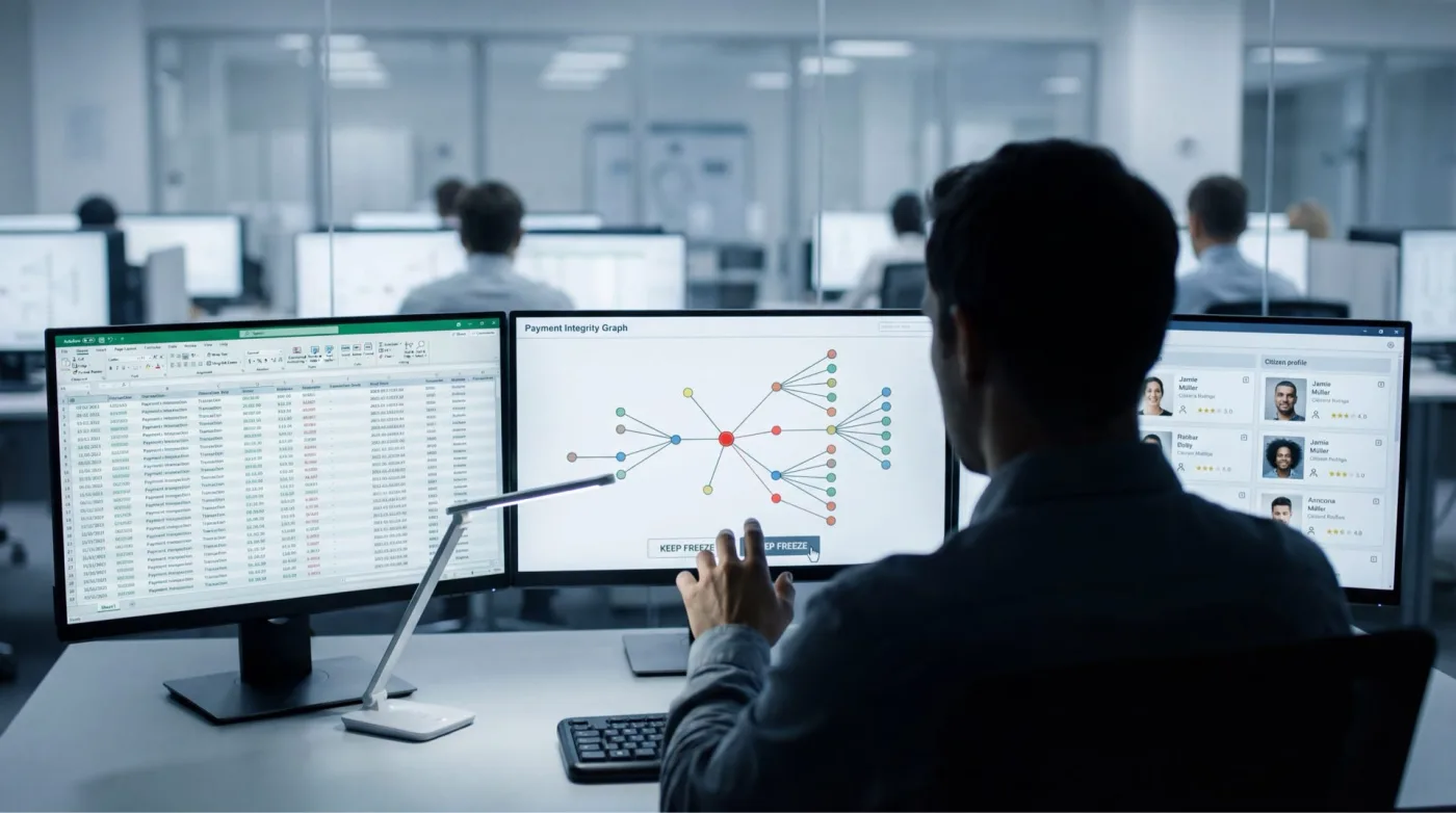 An analyst in an open-plan office before dual screens — a Payment Integrity Graph network with a 'KEEP FREEZE' control and citizen profiles, a transaction spreadsheet beside it