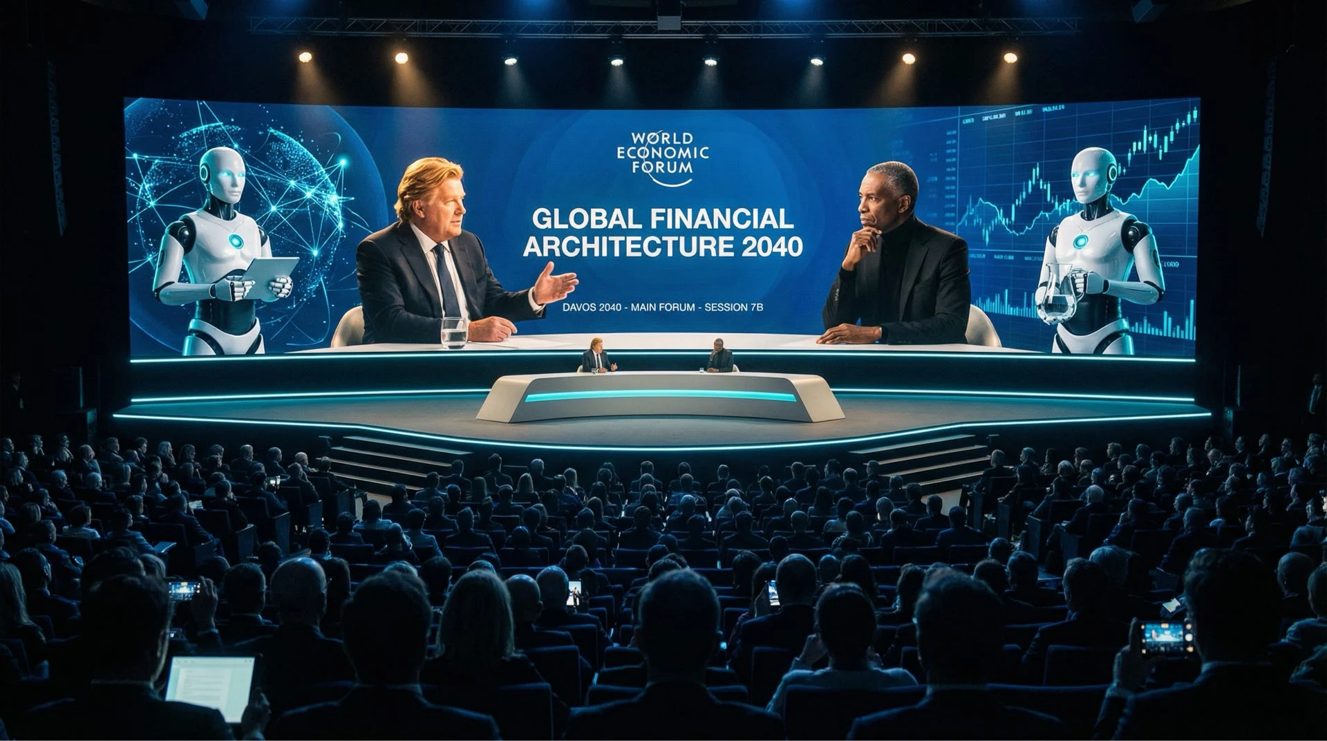 Davos 2040 main forum stage — 'Global Financial Architecture 2040' on a giant screen, two speakers flanked by humanoid systems before a packed auditorium