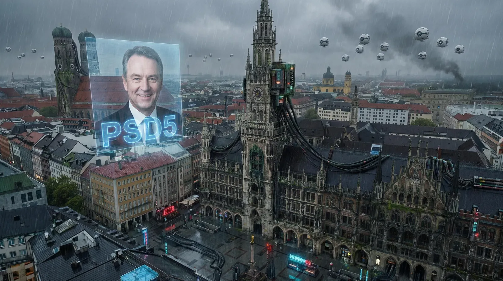 Aerial view of rain-soaked Munich Marienplatz in 2040 — surveillance drones overhead and a PSD5 campaign hologram above the rooftops
