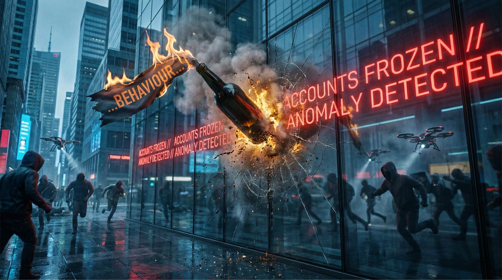 A burning bottle striking a glass bank tower as hooded crowds flee — 'ACCOUNTS FROZEN // ANOMALY DETECTED' scrolling across the facade, surveillance drones overhead