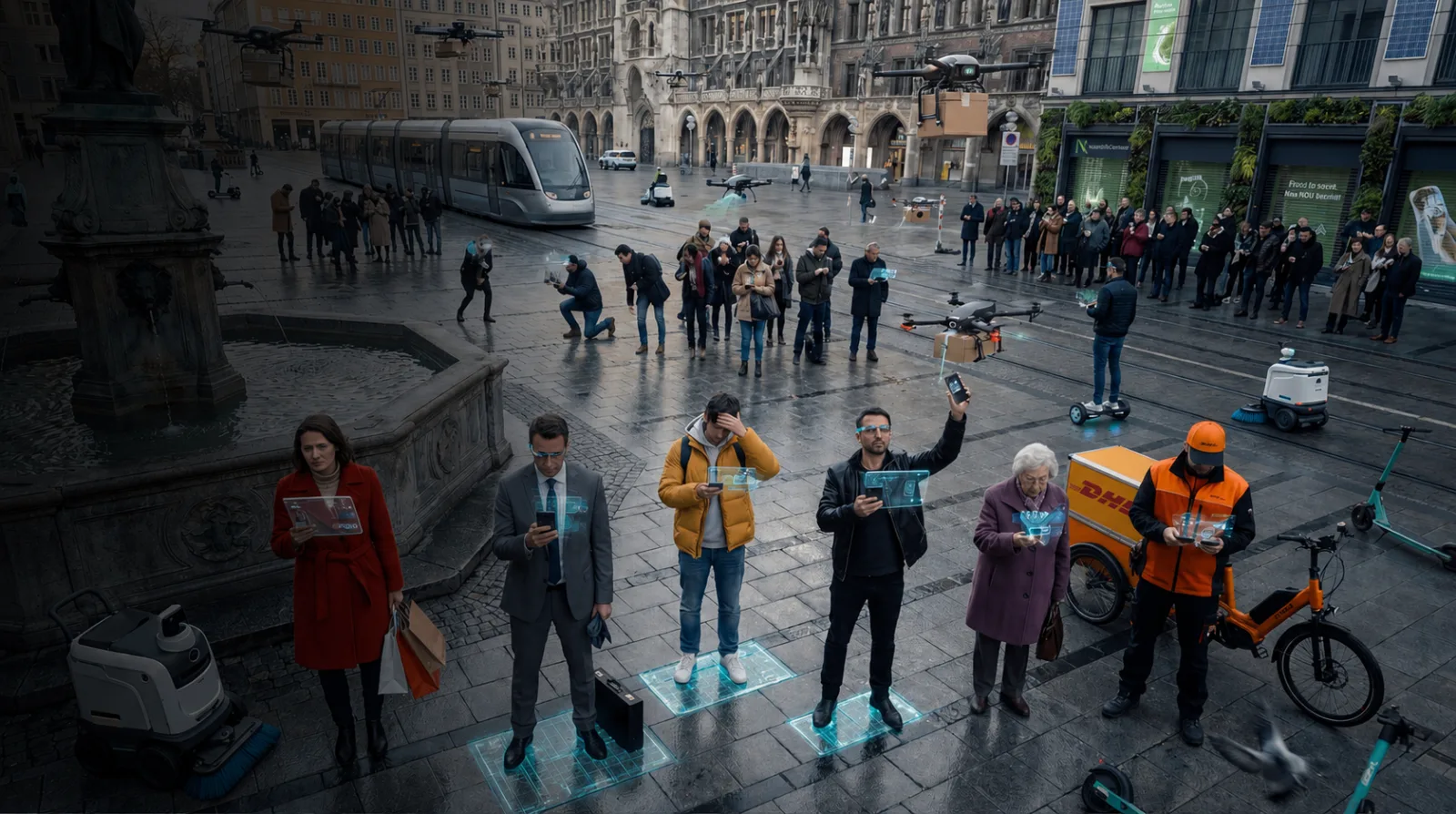 A crowded city square where people stand on glowing payment tiles tapping phones and holographic interfaces, delivery drones and robots moving among them