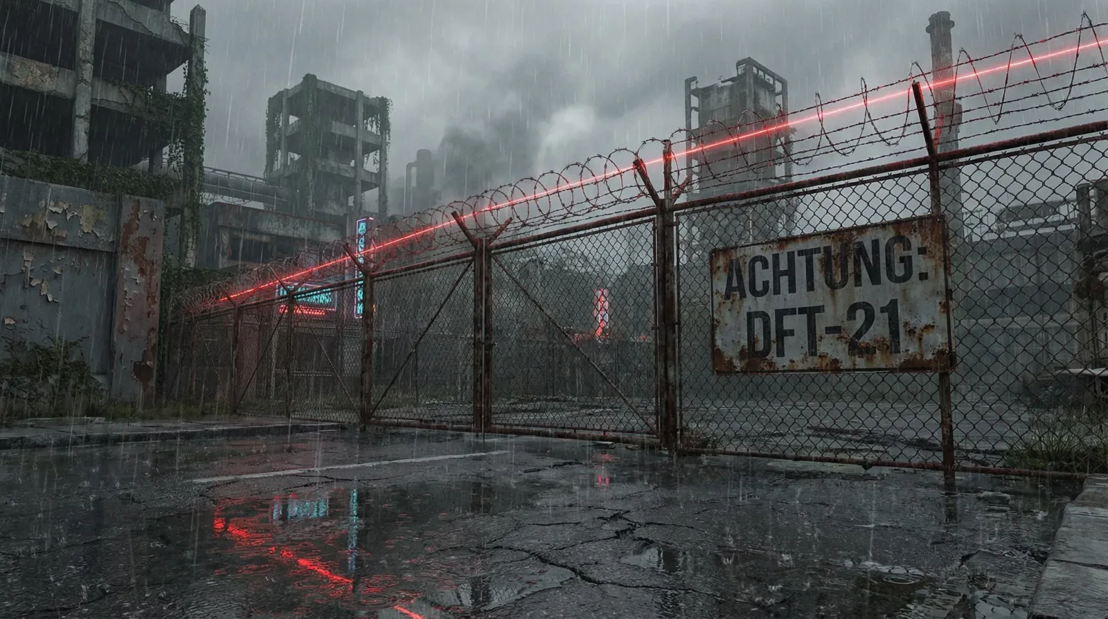 Rain-soaked razor-wire perimeter fence with a red laser tripwire and a rusted 'ACHTUNG: DFT-21' sign marking the sealed exclusion zone