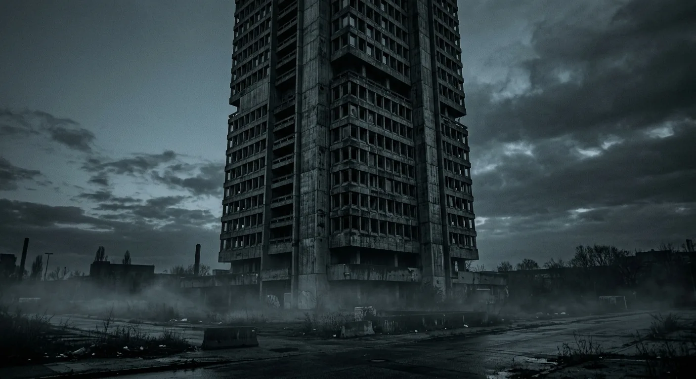 A sealed brutalist former bank tower at dusk