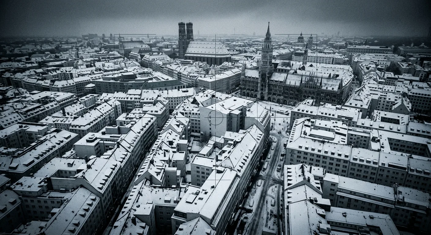 Aerial surveillance view of snow-covered Munich rooftops